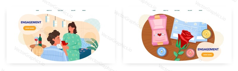 Engagement landing page design, website banner template set, flat vector illustration. Man making marriage proposal to girlfriend and giving her engagement ring. Love. Romantic relationship. Wedding.