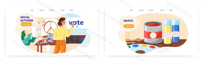 Social activism landing page design, website banner template set, flat vector illustration. Woman activist making Vote poster. Movement for social changes in human society.