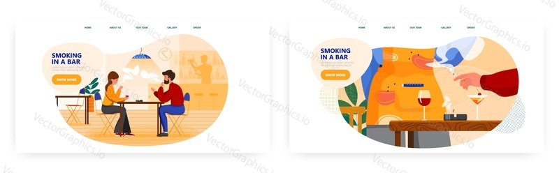 Bar smoking area. Landing page design, website banner template set, flat vector illustration. Smoker couple sitting at table, drinking wine and smoking cigarettes in public place. Nicotine addiction.