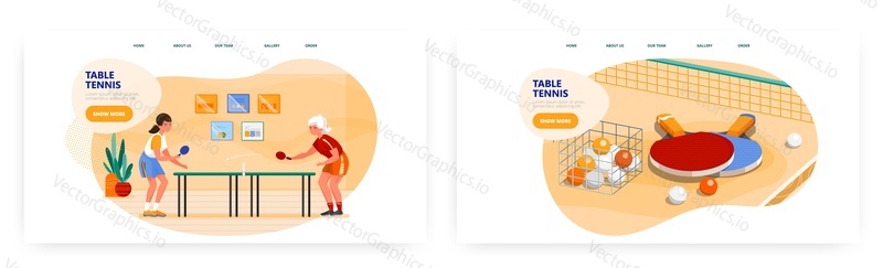 Table tennis landing page design, website banner template set, flat vector illustration. Two girls playing ping pong sport game with rackets and ball.