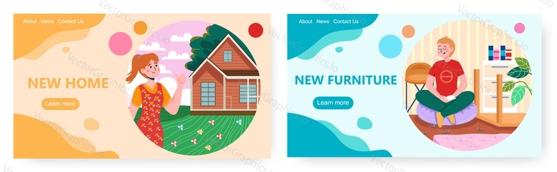 New home landing page design, website banner template set, flat vector illustration. Happy people enjoying their new house and cozy furniture.