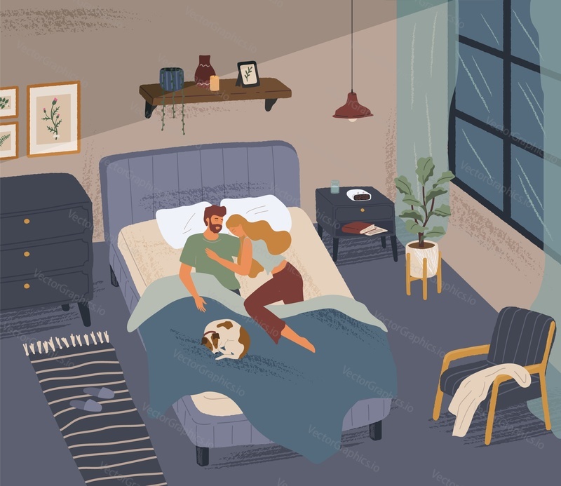 Happy couple sleeping together in modern bedroom. Man and woman hug each other in bed. Hand drawn vector illustration. Home bedroom interior design.