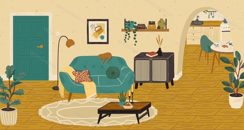 Living room interior hand drawn vector illustration. Home modern interior design. Cozy room furniture and accessories. Comfy sofa, table, couch, chair.
