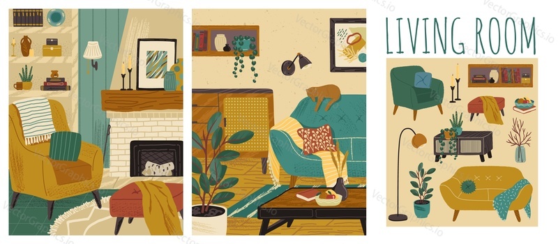 Living room interior hand drawn vector illustration set. Home modern interior design. Cozy room furniture and accessories. Comfy sofa, fireplace, table, couch, chair.