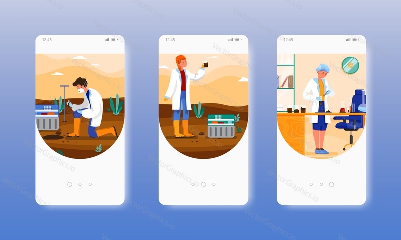 Agricultural soil quality analysis and testing process in the field and laboratory. Mobile app screens. Vector banner template for website and mobile development. Web site and UI design illustration.