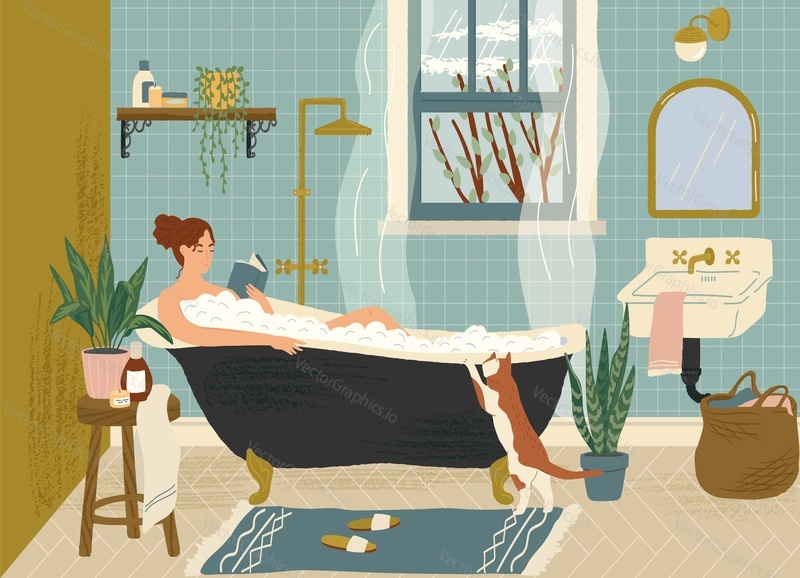 Žena čtení knihy, zatímco relaxovat ve vaně. Interiér koupelny ručně kreslené vektorové ilustrace. Útulný interiér domu.