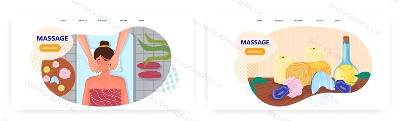 Massage therapy landing page design, website banner template set, flat vector illustration. Young woman getting face massage. Spa procedure, facial skin care and beauty treatment. Wellness center.