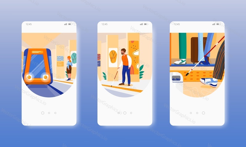 Станция метро. Тактильное покрытие на платформе метро, безопасность движения для слепых людей. Экраны мобильных приложений. Векторный шаблон баннера для разработки веб-сайтов и мобильных устройств. Иллюстрация дизайна веб-сайта и пользовательского интерфейса.