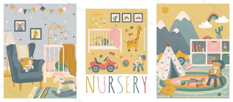 Nursery room interior hand drawn vector illustration set. Home modern interior design. Newborn child room furniture and accessories. Baby crib, colorful wallpaper, kids toys, playground.