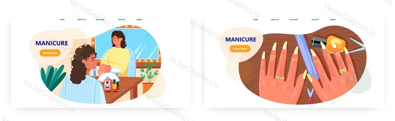 Manikúra vstupní stránky design, webové stránky banner šablony set, ploché vektorové ilustrace. Žena dostává manikúru v kosmetickém salonu. Nail artist, manikérka. Ošetření nehtů.