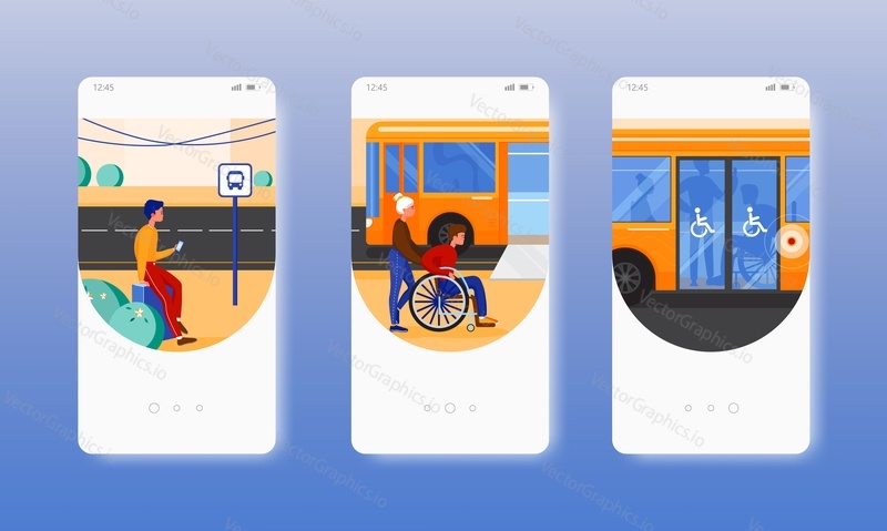 Autobus. Městský autobus s bezbariérovou rampou pro osoby se zdravotním postižením. Mobilní aplikace onboarding obrazovky. Šablona vektorového banneru pro vývoj webových stránek a mobilních zařízení. Webové stránky a UI design ilustrace.