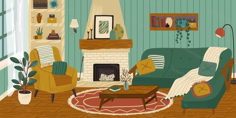 Living room with fireplace, interior hand drawn vector illustration. Home modern interior design. Cozy room furniture and accessories. Comfy sofa, table, chair.