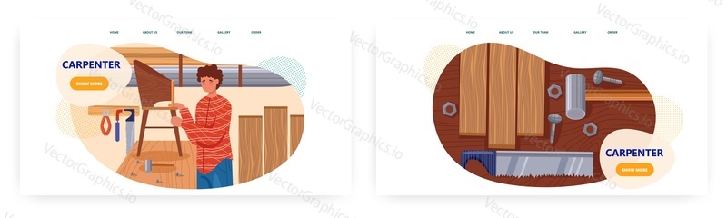 Carpenter design vstupní stránky, sada šablon webových stránek, plochý vektorový obrázek. Truhlář truhlář montáž, výroba nábytku pomocí pily, kladivo, hřebíky, dřevěné prkno. Tesařská dílna, servis