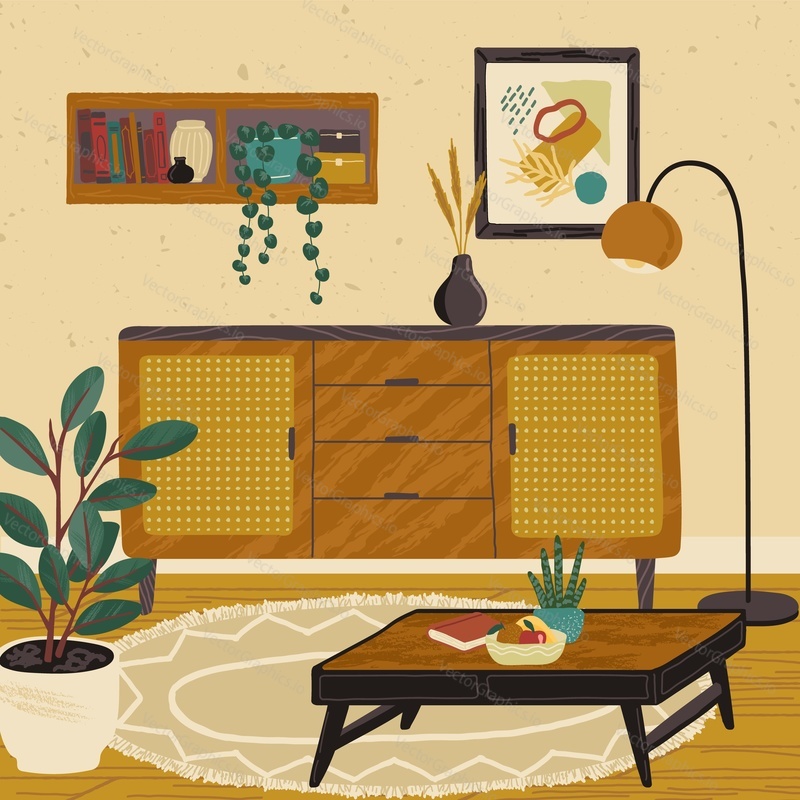 Home modern interior design. Living room interior hand drawn vector illustration. Cozy room furniture and accessories. Storage cabinet, wall painting, book shelf and coffee table.