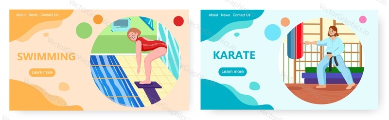 Sportovní design vstupní stránky, sada šablon webových stránek, ilustrace plochého vektoru. Plavání a karate sportovní aktivity. Zdravý.