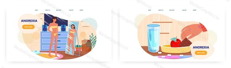 Anorexie design vstupní stránky, sada šablon webových stránek, plochý vektorový obrázek. Hubená žena při pohledu na sebe v zrcadle. Porucha příjmu potravy, anorexie nebo bulimie, duševní zdraví.