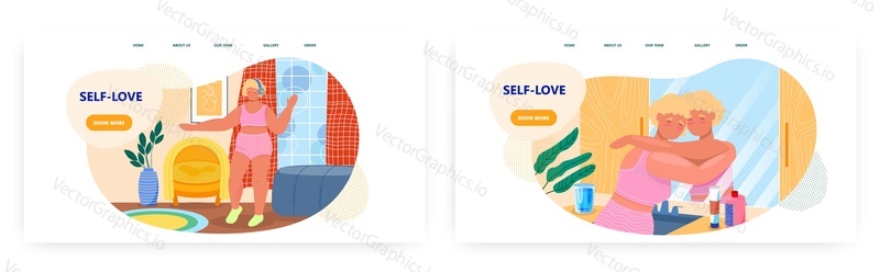 Sebeláska, design vstupní stránky, sada šablon webových stránek, plochá vektorová ilustrace. Šťastný Plus velikost žena tančí, objímat její odraz v zrcadle. Sebevědomí, tělo pozitivní.