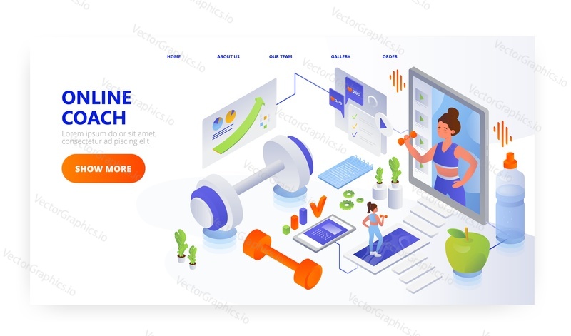 On-line trenér vstupní stránky design, webové stránky banner šablony, plochý vektor izometrické ilustrace. Online fitness, domácí cvičení s osobním trenérem.