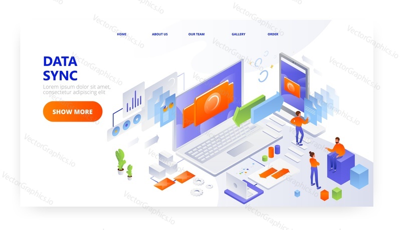 Návrh vstupní stránky pro synchronizaci dat, šablona banneru webu, izometrická ilustrace plochého vektoru. Proces synchronizace dat mezi přenosnými počítači a zařízeními mobilních telefonů.