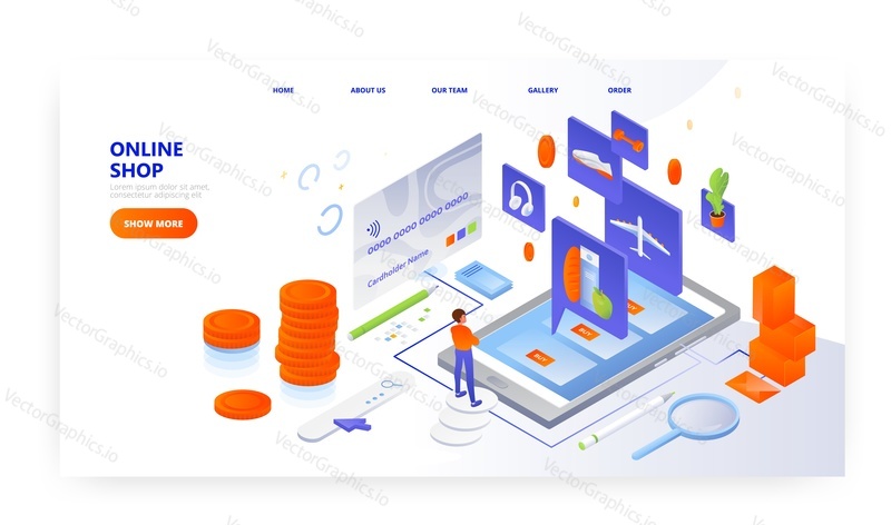Design vstupní stránky internetového obchodu, šablona banneru webu, izometrická ilustrace plochého vektoru. Muž se těší nakupování on-line nákup potravin, oblečení, vstupenky, jiné zboží na internetu.