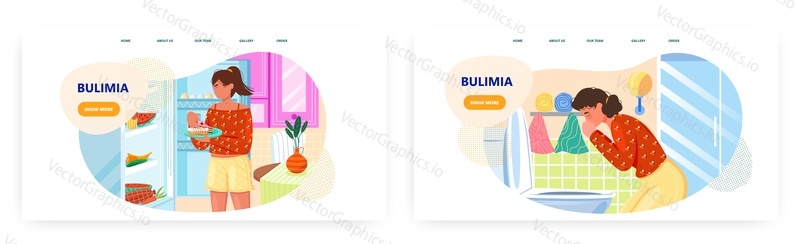 Bulimie design vstupní stránky, sada šablon webových stránek, plochý vektorový obrázek. Žena trpící bulimií, psychickou poruchou příjmu potravy.