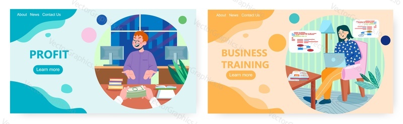 Zisk vstupní stránky design, webové stránky banner šablony set, plochý vektorový ilustrace. Business růst školení online kurz. Podnikatel se učí vydělávat peníze.