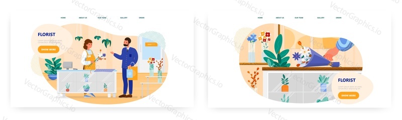 Květinářství vstupní stránky design, webové stránky banner šablony set, ploché vektorové ilustrace. Žena dělat kytici květin pro zákazníka. Květinářství designer profese.