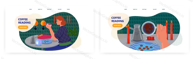 Káva čtení vstupní stránky design, webové stránky banner šablony set, ploché vektorové ilustrace. Věštění nebo střapec na kávové sedlině.