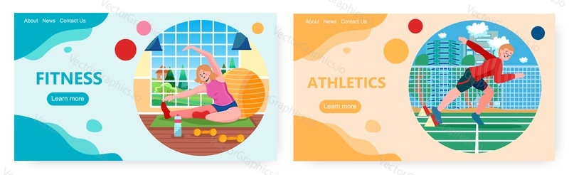 Sportovní aktivity landing page design, web banner šablona set, plochý vektorový ilustrace. Žena dělá fitness, pilates, muž sportovec, sprinter běh maratónský závod. Fitness tělocvična. Zdravý.
