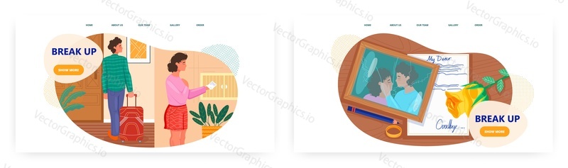 Rozchod, design vstupní stránky, sada šablon webových stránek, ilustrace plochého vektoru. Vztahová krize, rozvod, rodinný konflikt, nešťastná láska. Žena se zlomeným srdcem, přítel nebo Manžel opouští domov.