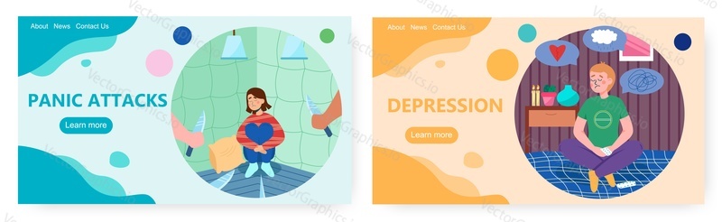 Panika útok a deprese vstupní stránky design, webové stránky banner šablony set, plochý vektorové ilustrace. Úzkostná porucha, duševní zdraví.