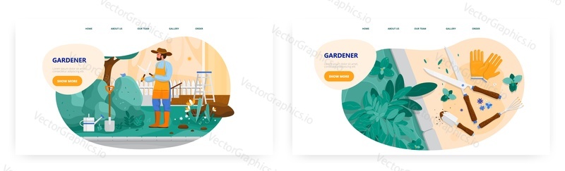 Zahradník vstupní stránky design, webové stránky banner šablony set, ploché vektorové ilustrace. Muž ořezávání bush se zahradními nůžkami nebo nůžky. Péče o zahradu a řezání živých plotů. Zahradnictví.