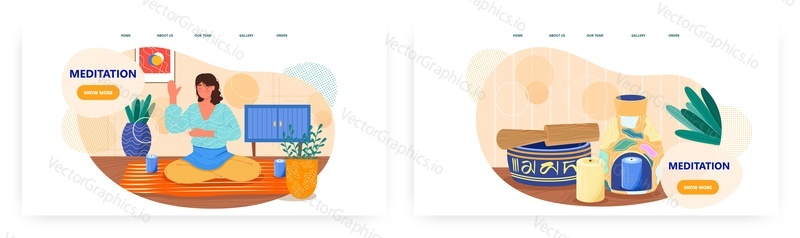 Meditace vstupní stránky design, webové stránky banner šablony set, plochý vektorový ilustrace. Žena meditující sedí v pozici jógy. Relaxace, harmonie, všímavost.