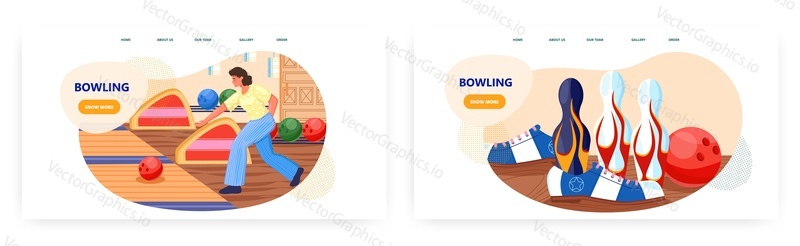 Bowling vstupní stránky design, webové stránky banner šablony set, plochý vektorové ilustrace. Žena hraje bowling hra házení míče srazit kolíky. Aktivita.
