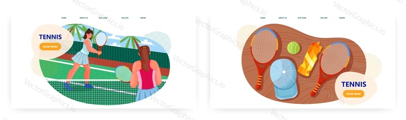 Tenis vstupní stránky design, webové stránky banner šablony set, ploché vektorové ilustrace. Dvě dívky hrající tenis na venkovním kurtu. Zdravý.