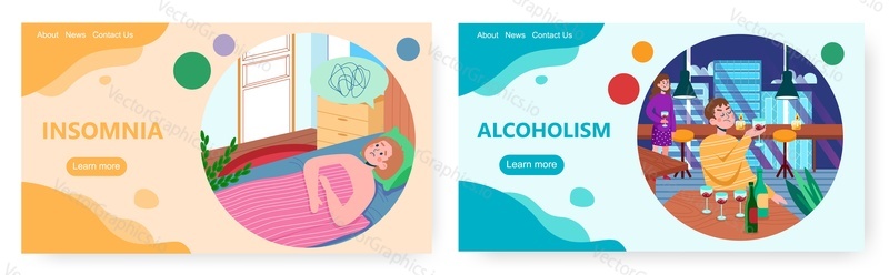 Nespavost a alkoholismus vstupní stránky design, webové stránky banner šablony set, ploché vektorové ilustrace. Porucha spánku, závislost na alkoholu, zneužívání. Duševní zdraví.