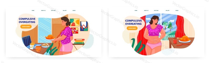 Nutkavé přejídání design vstupní stránky, sada šablon webových stránek, ilustrace plochého vektoru. Potrava. Hmotnost. Deprese, úzkost. Přejídání. Obezita.