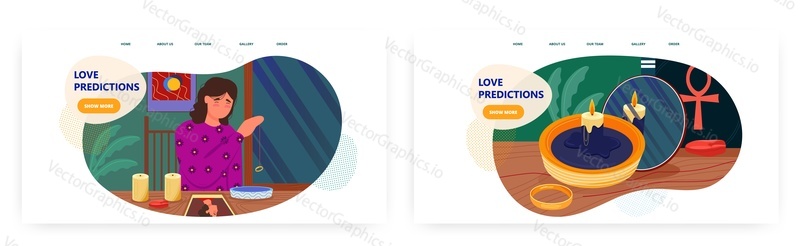 Láska předpovědi design vstupní stránky, webové stránky banner šablony set, plochý vektorový ilustrace. Žena předpovídající budoucí milostné vztahy a manželství se snubním prstenem.