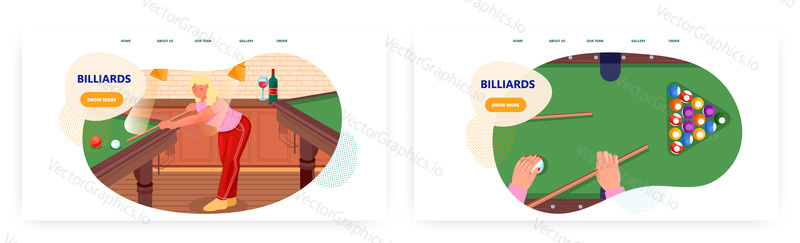 Billiard vstupní stránky design, webové stránky banner šablony set, ploché vektorové ilustrace. Žena hraje stolní bazén, kulečník nebo klasickou kulečníkovou hru. Cue sporty. Zábava.