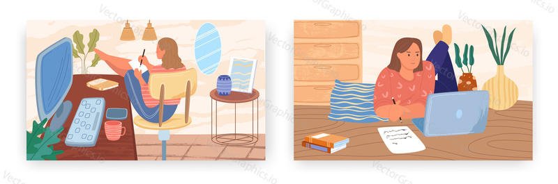 E-learningový design vstupní stránky, sada šablon webových stránek, ilustrace plochého vektoru. Studenti, ženské postavy studující vzdáleně z domova. Online vzdělávání. Distanční vzdělávání.