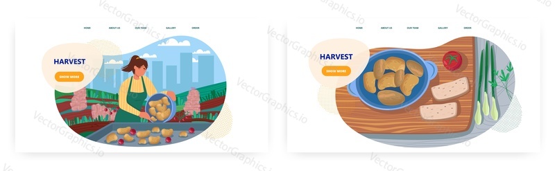 Harvest landing page design, web banner šablona set, plochý vektorový ilustrace. Farmář sklizeň brambor. Zemědělství, zemědělství.