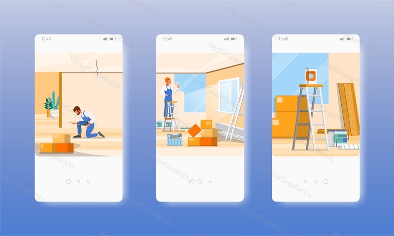 Apartment repair. Wall restoration, home renovation and repair service. Mobile app screens. Vector banner template for website and mobile development. Web site and UI design illustration.