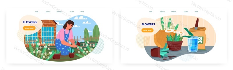 Květina rostoucí vstupní stránky design, webové stránky banner šablony set, plochý vektorové ilustrace. Šťastná žena zahradník výsadbu zahradních květin. Zahradnické hobby, servis.