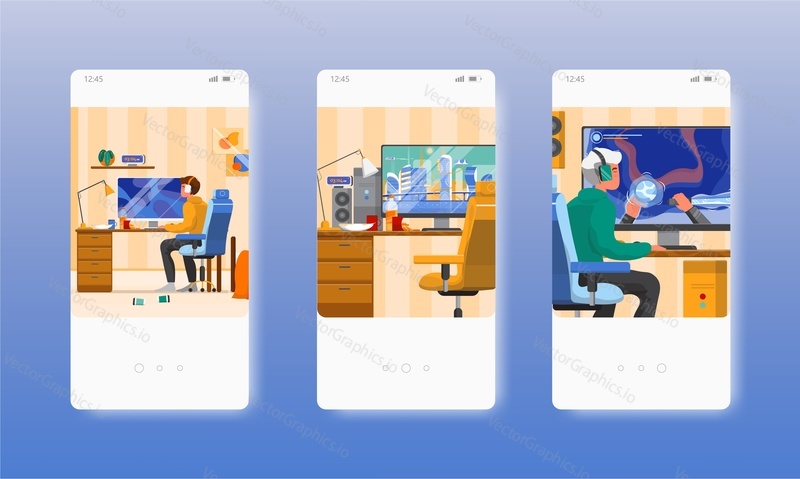 Závislost na hře. Dospívající chlapec ve sluchátkách hraje videohru po dlouhou dobu. Obrazovky mobilních aplikací. Šablona vektorového banneru pro vývoj webových stránek a mobilních zařízení. Webové stránky a UI design ilustrace.