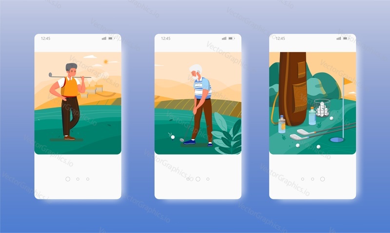 Starší muž cvičí venkovní golf sportovní hru s trenérem. Obrazovky mobilních aplikací. Šablona vektorového banneru pro vývoj webových stránek a mobilních zařízení. Webové stránky a UI design ilustrace.