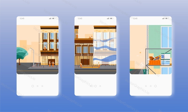 House building exterior renovation, restoration. Home repair and improvement services. Mobile app screens. Vector banner template for website and mobile development. Web site, UI design illustration.