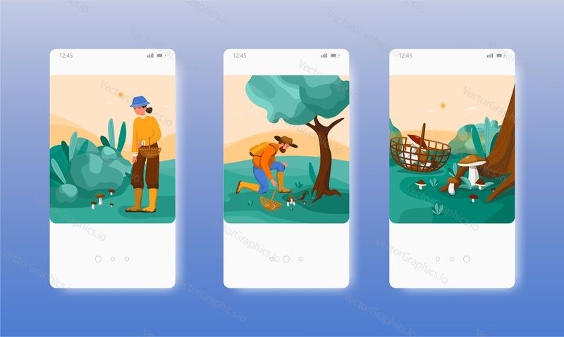 Lidé sbírají houby v lese. Podzimní aktivita, hobby. Obrazovky mobilních aplikací. Šablona vektorového banneru pro vývoj webových stránek a mobilních zařízení. Webové stránky a UI design ilustrace.