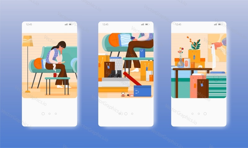 Žena dělá on-line nakupování sedí na pohovce doma. Shopaholic. Nákupní závislost. Obrazovky mobilních aplikací. Šablona vektorového banneru pro vývoj webových stránek a mobilních zařízení. Webové stránky a UI design ilustrace.