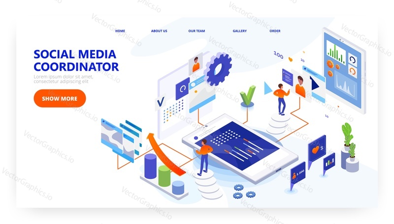 Koordinátor sociálních médií design vstupní stránky, šablona banneru webu, izometrická ilustrace plochého vektoru. Marketing manažer práce. Kampaň na sociálních sítích, strategie.