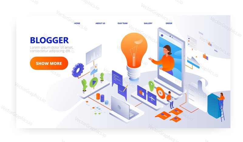 Blogger vstupní stránky design, webové stránky banner šablony, plochý vektor izometrické ilustrace. Žena blogger psaní obsahu, blogové příspěvky pro on-line deníku, webové stránky. Blogování, Žurnalistika, digitální marketing